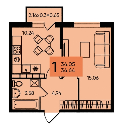 
   Продам 1-комнатную, 34.77 м², Западный Обход ул, 65а

. Фото 1.