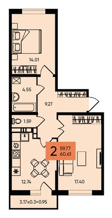 
   Продам 2-комнатную, 60.62 м², Западный Обход ул, 65а

. Фото 1.