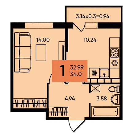 
   Продам 1-комнатную, 34 м², Западный Обход ул, 65а

. Фото 2.
