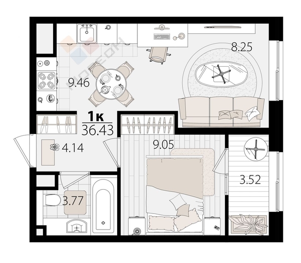 
   Продам 1-комнатную, 36.43 м², Патрики, литер 1.2

. Фото 6.