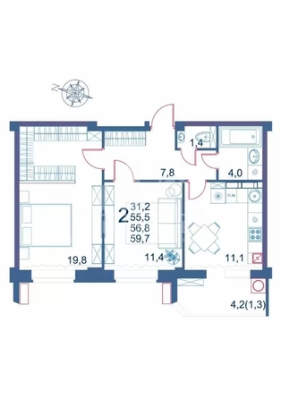 
  Продается 2-комн. квартира 59.7 м². Фото 2.