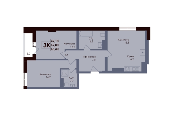 
  Продается 3-комн. квартира 68.3 м², в ЖК Академия, 1 этап. Фото 1.