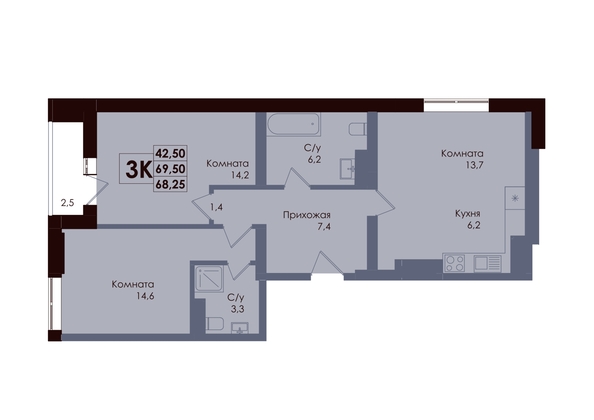 
  Продается 3-комн. квартира 68.25 м², в ЖК Академия, 1 этап. Фото 1.