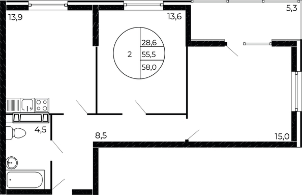 
  Продается 2-комн. квартира 57.45 м², в ЖК Флора, литера 1.3. Фото 1.