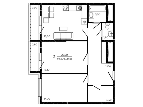 
  Продается 2-комн. квартира 72.55 м², в ЖК ПРИТЯЖЕНИЕ, литер 3. Фото 1.