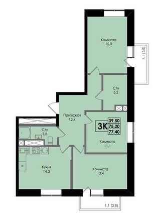 
  Продается 3-комн. квартира 77.4 м², в ЖК Ботаника, дом 1. Фото 1.