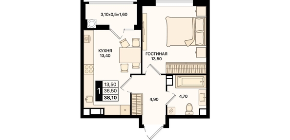 
  Продается 1-комн. квартира 38.1 м². Фото 7.