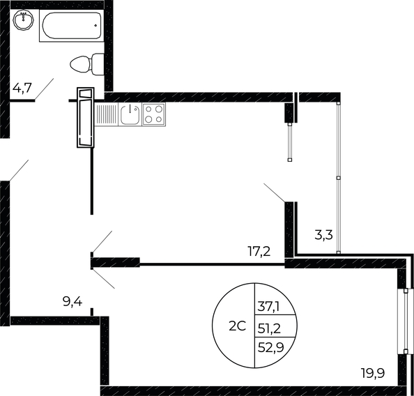 
   Продам 2-комнатную, 52.9 м², Флора, литера 1.3

. Фото 4.