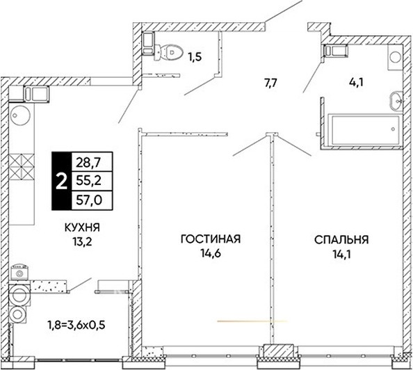 
   Продам 2-комнатную, 57 м², Левобережная ул, 6/6

. Фото 3.