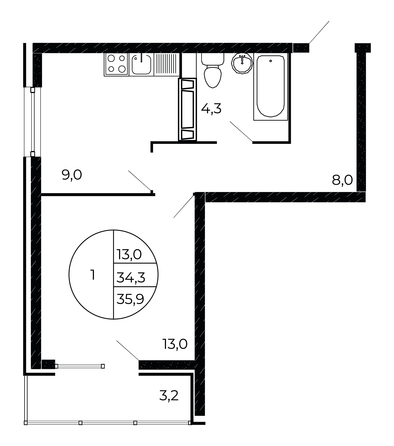 
   Продам 1-комнатную, 35.9 м², Флора, литера 1.2

. Фото 2.