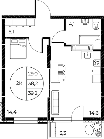 
   Продам 2-комнатную, 39.2 м², Панорама на Театральном, литера 1

. Фото 2.