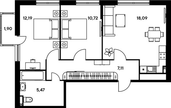 
   Продам 3-комнатную, 56.68 м², Малина Парк, дом 1

. Фото 1.