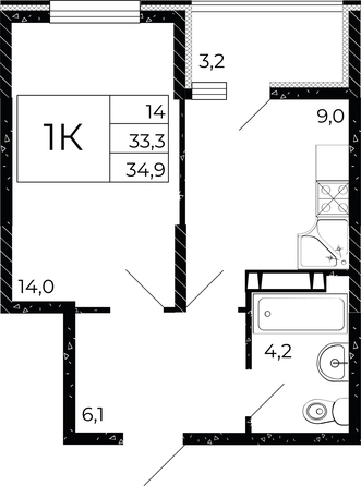 
   Продам 1-комнатную, 34.9 м², Флора, литера 3.1

. Фото 2.