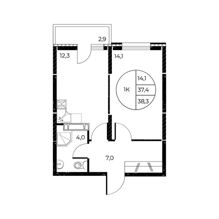 
   Продам 1-комнатную, 38.3 м², Панорама на Театральном, литера 1

. Фото 2.