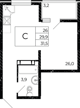 
   Продам студию, 31.5 м², Флора, литера 3.1

. Фото 1.