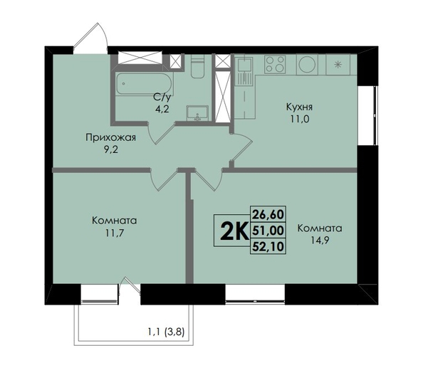 
   Продам 2-комнатную, 52.1 м², Botanika (Ботаника), дом 1

. Фото 1.