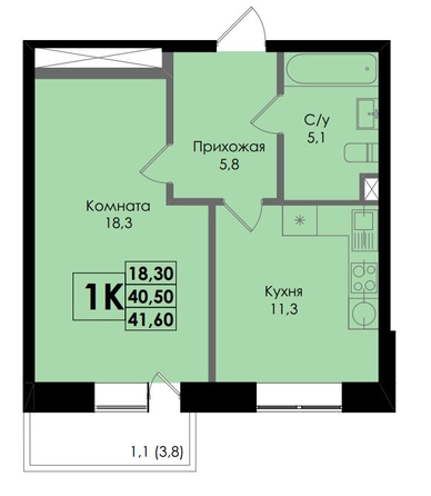 
   Продам 1-комнатную, 41.6 м², Botanika (Ботаника), дом 1

. Фото 1.