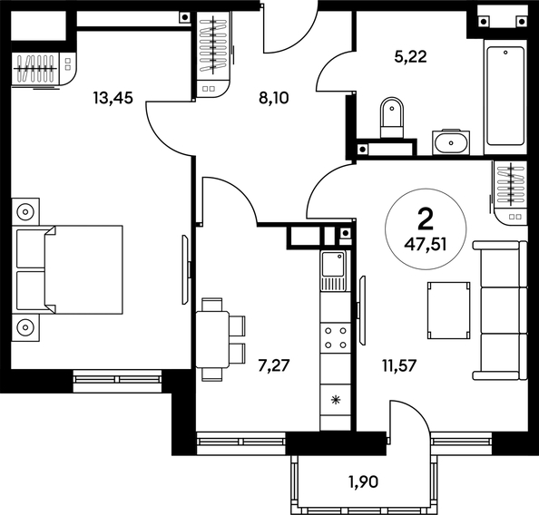 
   Продам 2-комнатную, 47.37 м², Гринсайд, 4.1-4.3

. Фото 1.