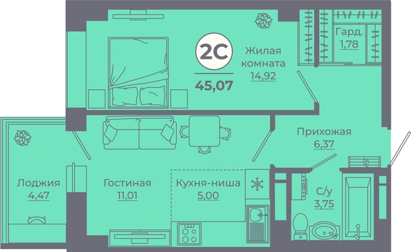 
   Продам 2-комнатную, 44.97 м², Сокольники, литера 7

. Фото 1.