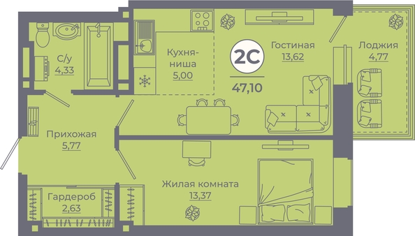 
   Продам 2-комнатную, 46.97 м², Сокольники, литера 8

. Фото 1.