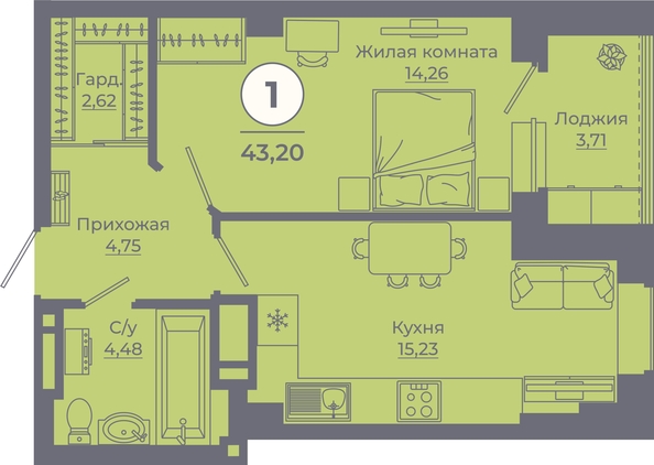 
  Продается 1-комн. квартира, 43.4 м², ЖК Сокольники, литера 9
. Фото 1.