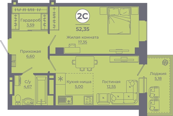 
  Продается 2-комн. квартира, 52.55 м², ЖК Сокольники, литера 9
. Фото 1.
