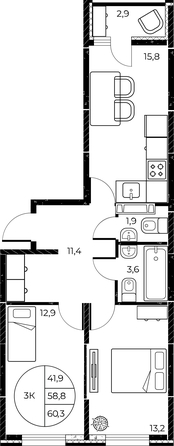 
   Продам 3-комнатную, 60.3 м², Панорама на Театральном, литера 1

. Фото 2.