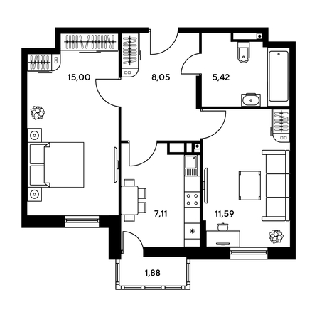 
  Продается 1-комн. квартира, 47.4 м², ЖК Гринсайд, 5.1-5.5
. Фото 1.