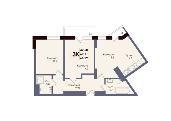
  Продается 3-комн. квартира 66.29 м², в ЖК Академия, 2 этап. Фото 1.