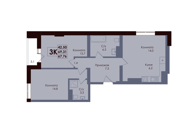 
  Продается 3-комн. квартира 67.76 м², в ЖК Академия, 2 этап. Фото 1.