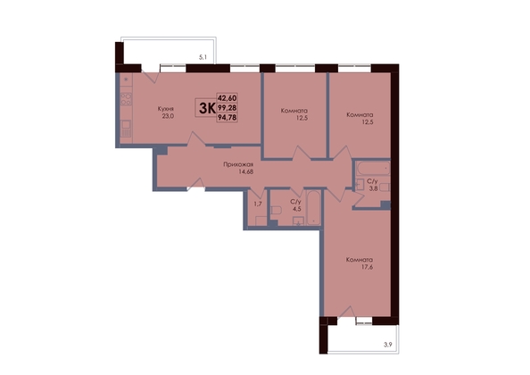 
  Продается 3-комн. квартира 94.78 м², в ЖК Академия, 2 этап. Фото 1.