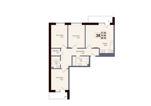 
  Продается 3-комн. квартира 88.3 м², в ЖК Академия, 2 этап. Фото 1.