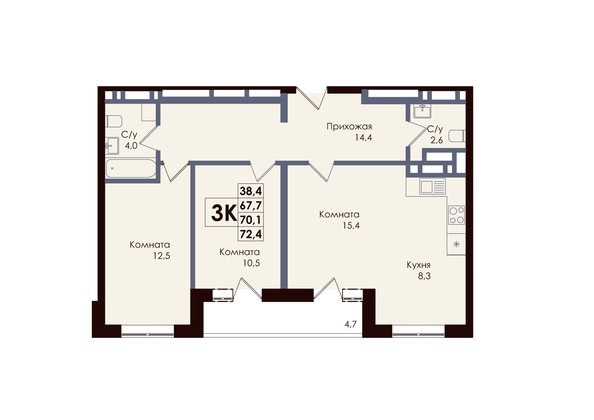 
  Продается 3-комн. квартира 70.1 м², в ЖК Академия, 2 этап. Фото 1.