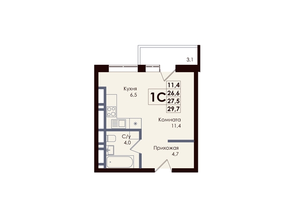 
  Продается студия 27.3 м², в ЖК Академия, 2 этап. Фото 1.