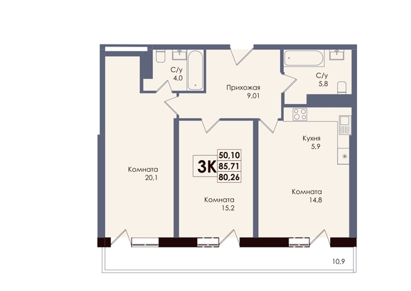 
  Продается 3-комн. квартира 80.26 м², в ЖК Академия, 2 этап. Фото 1.
