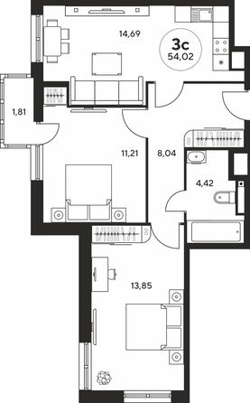 
  Продается 3-комн. квартира, 54.02 м², ЖК Гринсайд, 5.1-5.5
. Фото 1.