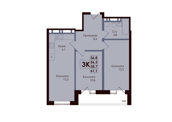 
  Продается 3-комн. квартира 58.7 м², в ЖК Академия, 3 этап. Фото 1.