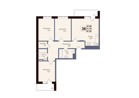
  Продается 3-комн. квартира 87.2 м², в ЖК Академия, 1 этап. Фото 1.