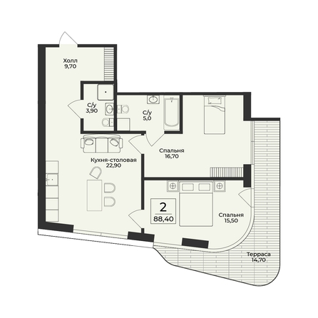 
  Продается 2-комн. квартира 88.4 м², в ЖК Нега. Фото 2.