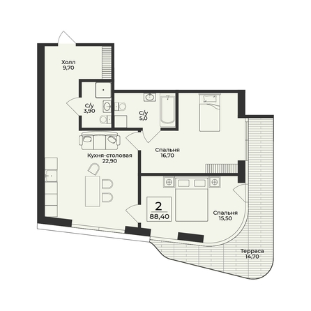 
  Продается 2-комн. квартира 88.4 м², в ЖК Нега. Фото 2.