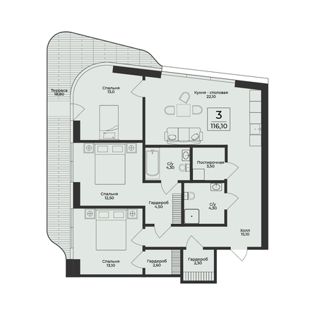 
  Продается 3-комн. квартира 116.1 м², в ЖК Нега. Фото 2.