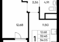 Новый Судак, 1 этап: Планировка 1-комн 35,55 - 36,22 м²