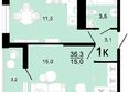 Горячий, литера 3: Планировка 1-комн 36,3, 37 м²