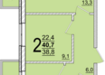 Дарград, литера 40: Планировка 2-комн 40,7 м²