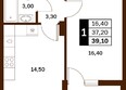 Аксис Патриот: Планировка 1-комн 39,1 м²