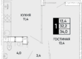 Левобережье, литер 10: Планировка 1-комн 34 - 34,6 м²