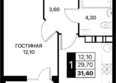 СМАРТПОЛЕТ, литер 11.2: Планировка 1-комн 31,4 м²