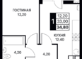 СМАРТПОЛЕТ, литер 8.3: Планировка 1-комн 34,8 - 36,2 м²