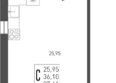 Югге, литера 2: Планировка Студия 37,61, 38,09 м²