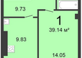Космический, секция 3: Планировка 1-комн 39,14 м²